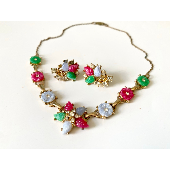 Vintage Glass Tutti Frutti Flower Crystal Necklace Earring Set. Pink Green Blue - Picture 3 of 7